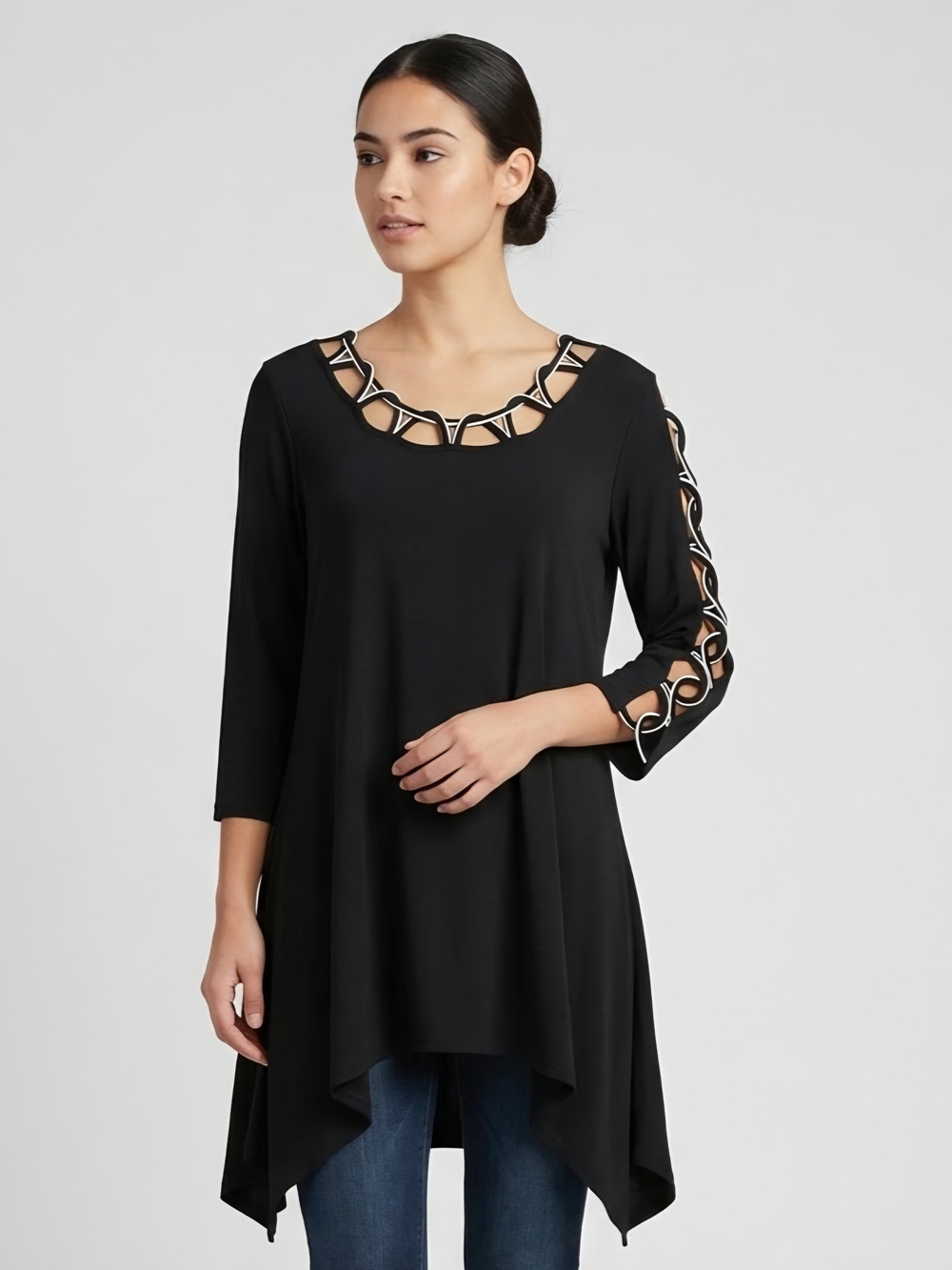 Joseph Ribkoff Black Scoop Neck Tunic with Cutout Trim Size 10